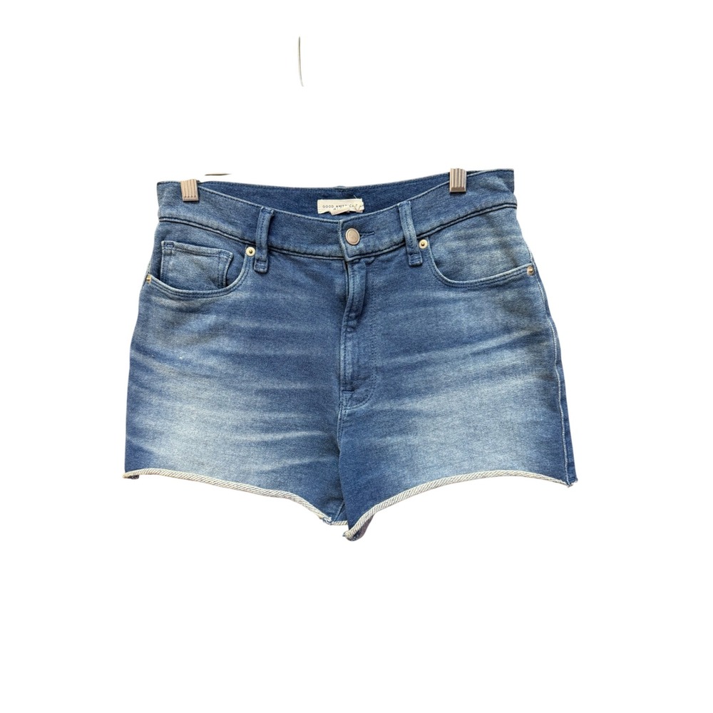Good American Jeanius Good 90s Shorts Blue Denim High Waisted Raw Hem Size 4/27
